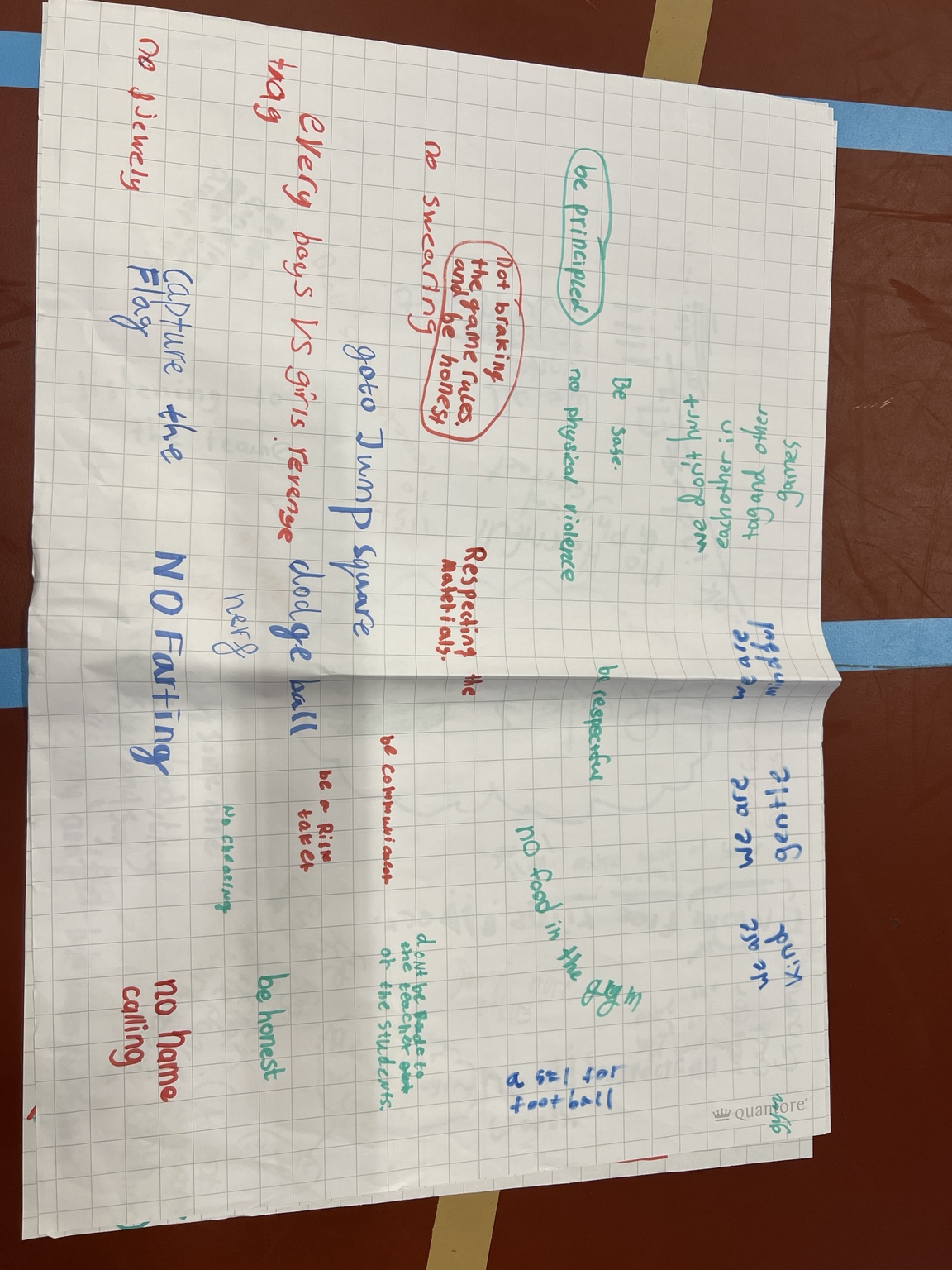 Student-created PE agreement poster: Ideas about respect, honesty and safety
