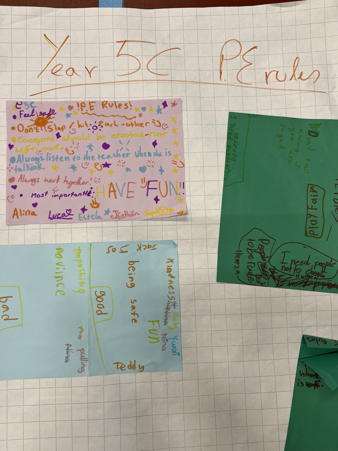 Student poster sharing ideas about inclusion, safety and teamwork